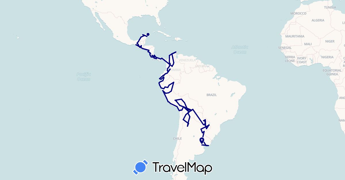 TravelMap itinerary: driving in Argentina, Bolivia, Brazil, Chile, Colombia, Costa Rica, Ecuador, Guatemala, Mexico, Nicaragua, Panama, Peru, Paraguay, El Salvador, Uruguay (North America, South America)